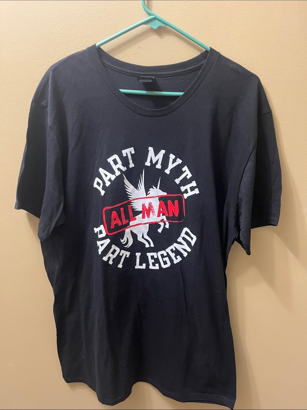 Hanes Black Short Sleeve Tee with White & Red Graphic Text Man Myth Legend